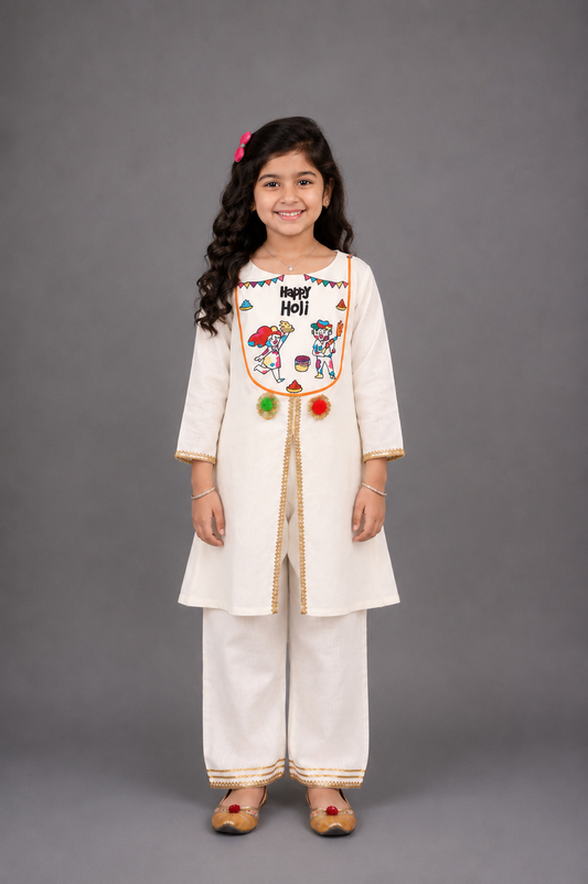 Happy Holi Yoke Embroidered Kurta Pyjama