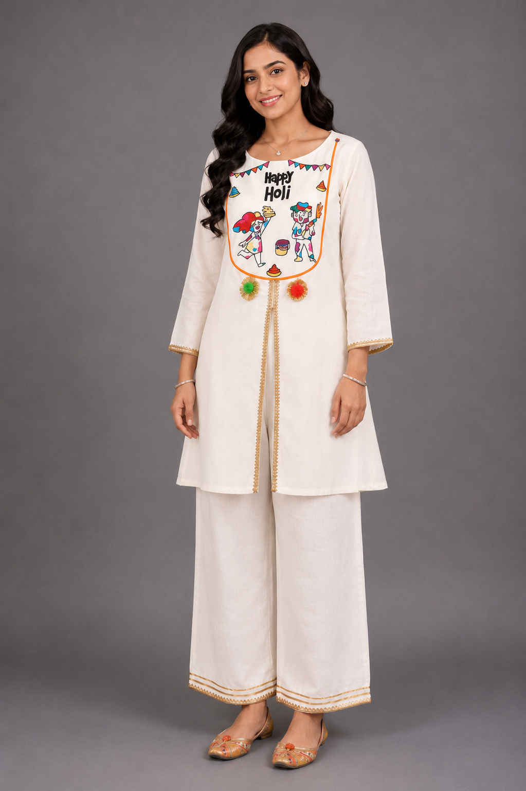 Happy Holi Yoke Embroidered Kurta Pyjama