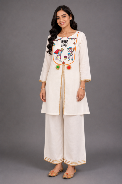 Happy Holi Yoke Embroidered Kurta Pyjama