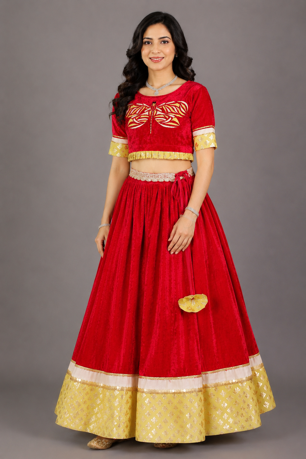 Pink Velvet Embroidered Blouse with Lehnga
