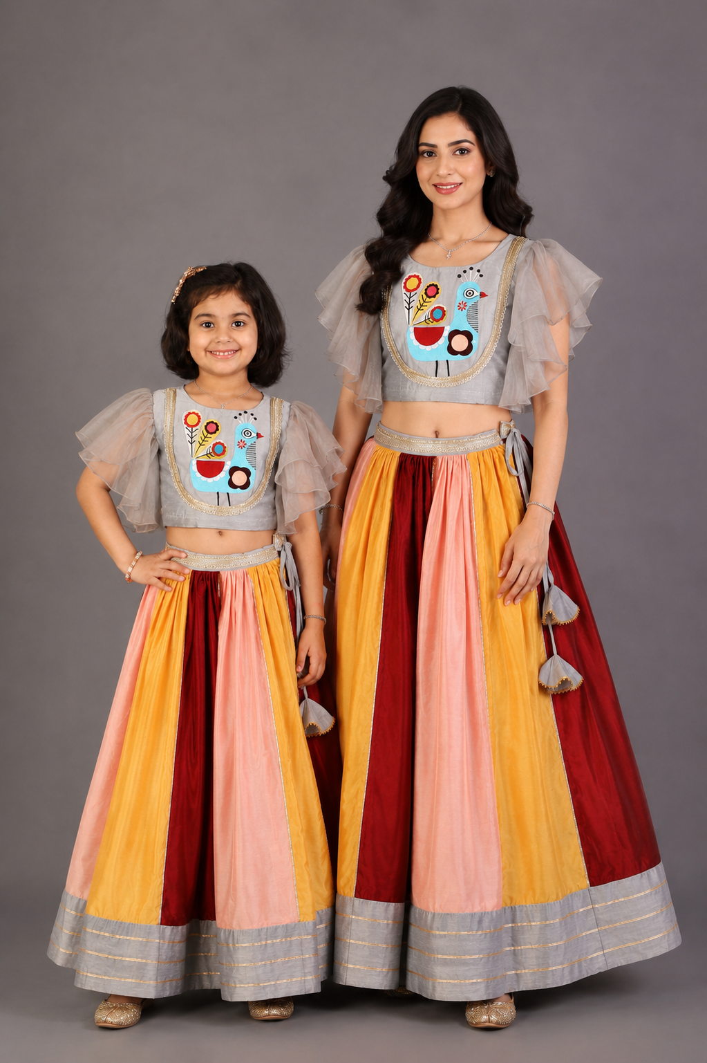 Grey Embroidered Blouse with Multicolored lehnga
