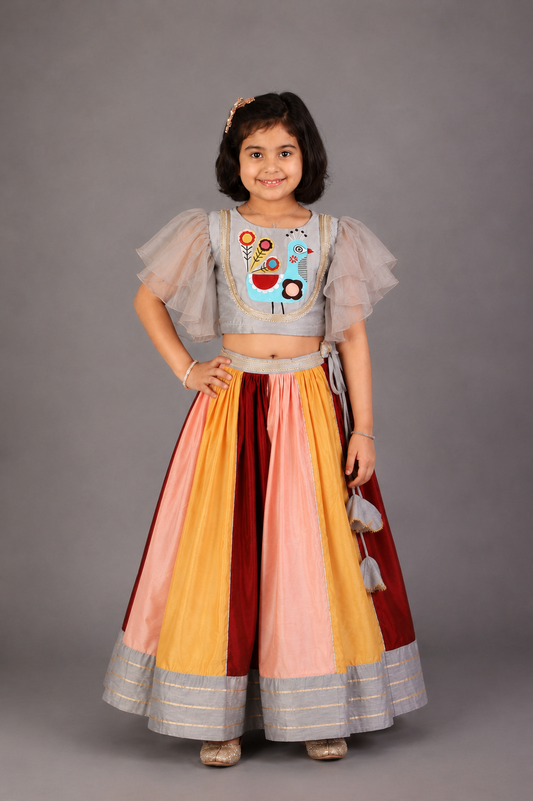 Grey Embroidered Blouse with Multicolored lehnga