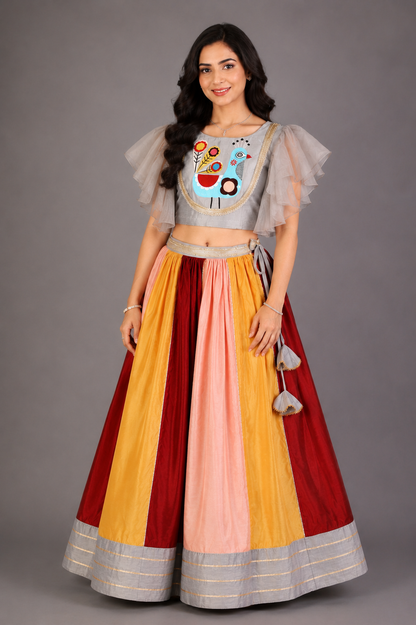 Grey Embroidered Blouse with Multicolored lehnga