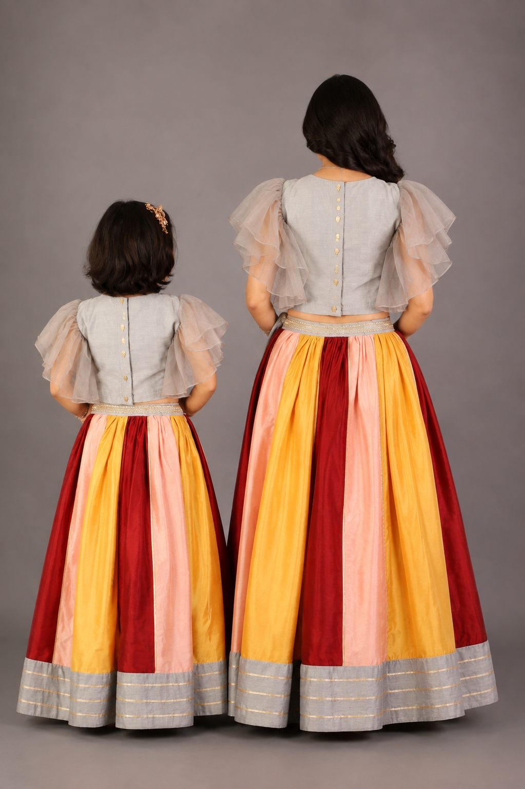 Grey Embroidered Blouse with Multicolored lehnga