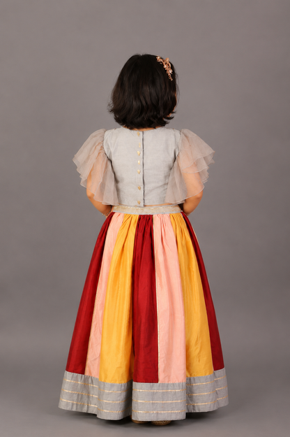 Grey Embroidered Blouse with Multicolored lehnga