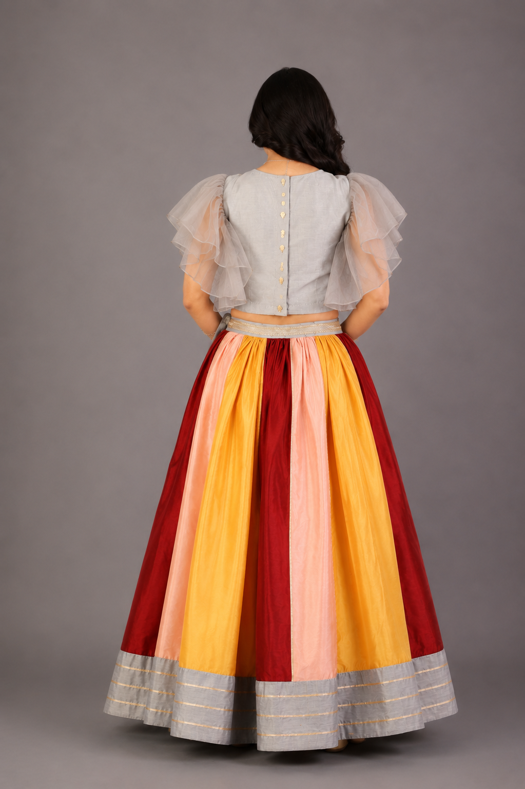 Grey Embroidered Blouse with Multicolored lehnga