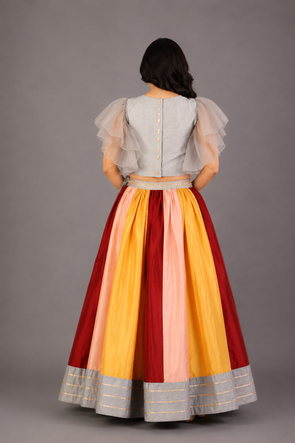 Grey Embroidered Blouse with Multicolored lehnga