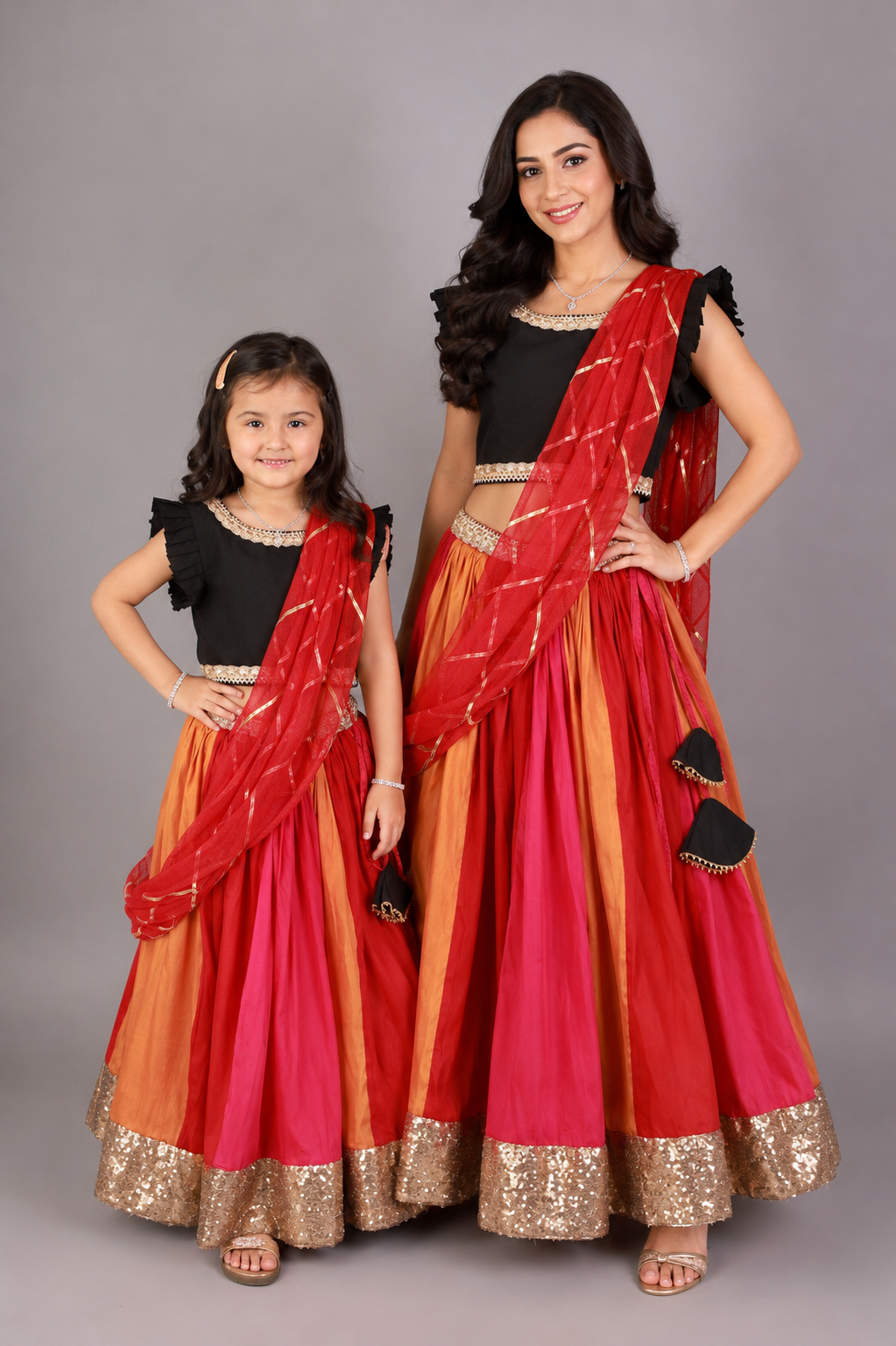 Black Ruffled blouse with multi color lehnga