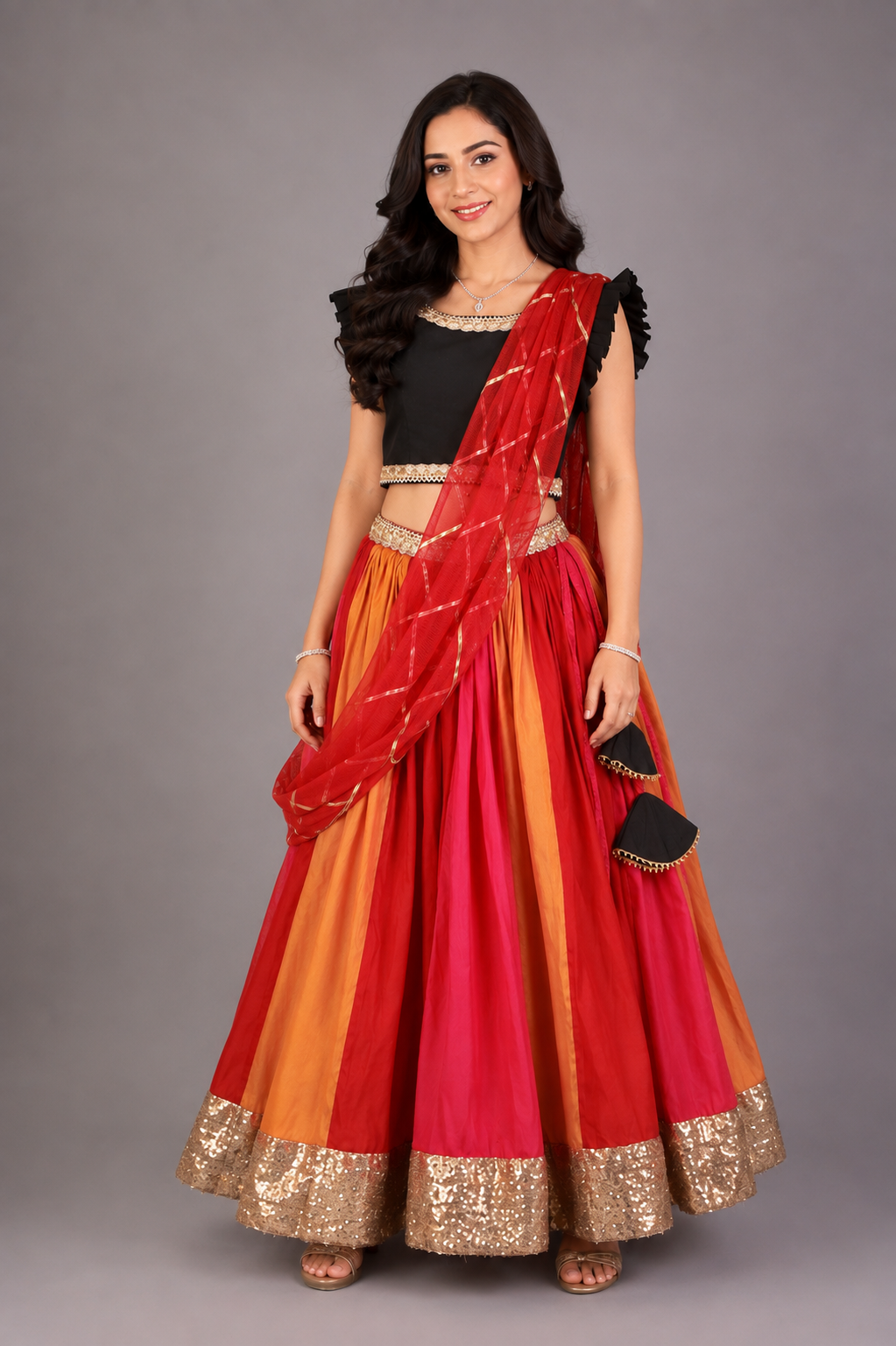 Black Ruffled blouse with multi color lehnga