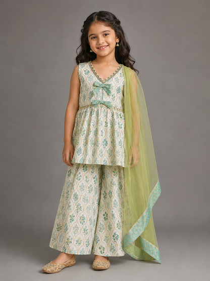 Off White Green Printed Bow Kurta set
