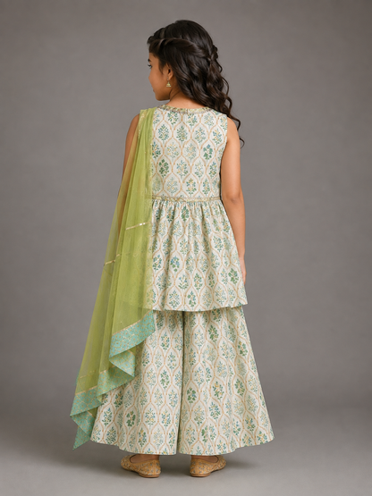 Off White Green Printed Bow Kurta set