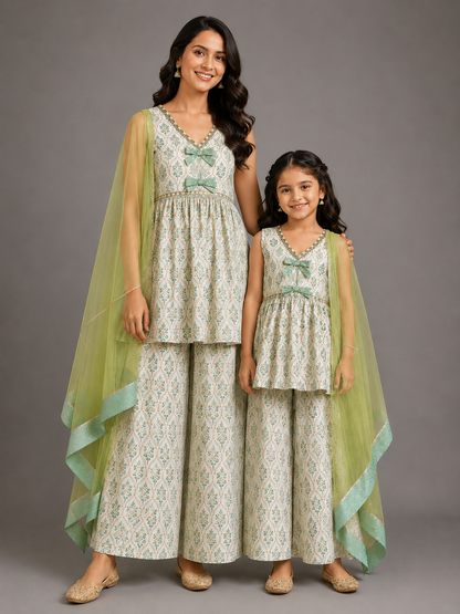 Off White Green Printed Bow Kurta set