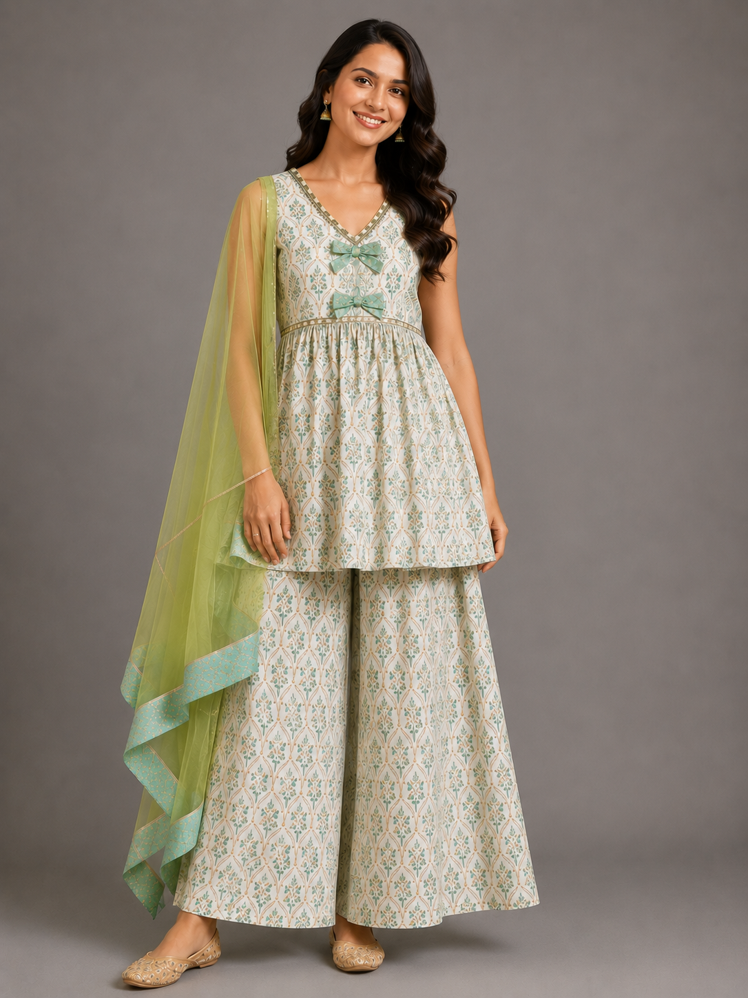 Off White Green Printed Bow Kurta set