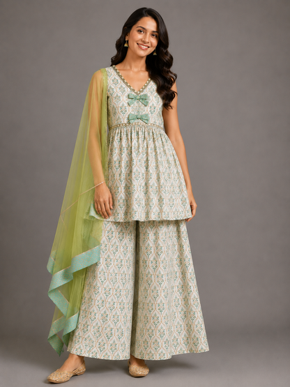 Off White Green Printed Bow Kurta set