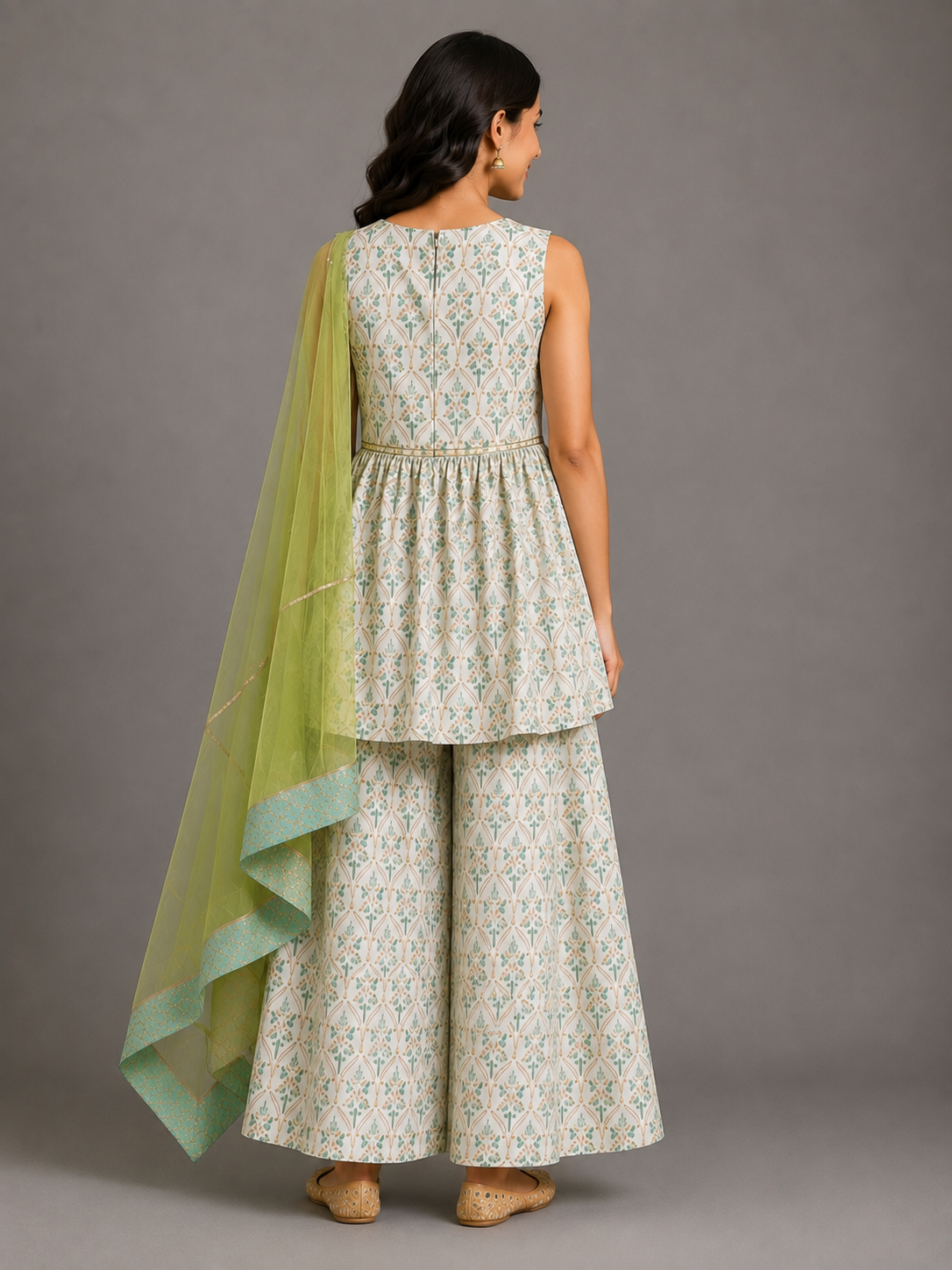 Off White Green Printed Bow Kurta set