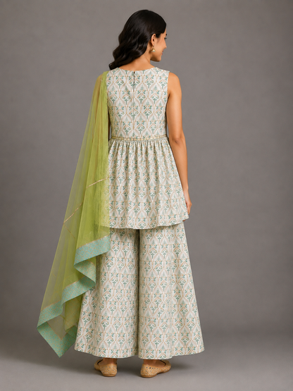 Off White Green Printed Bow Kurta set