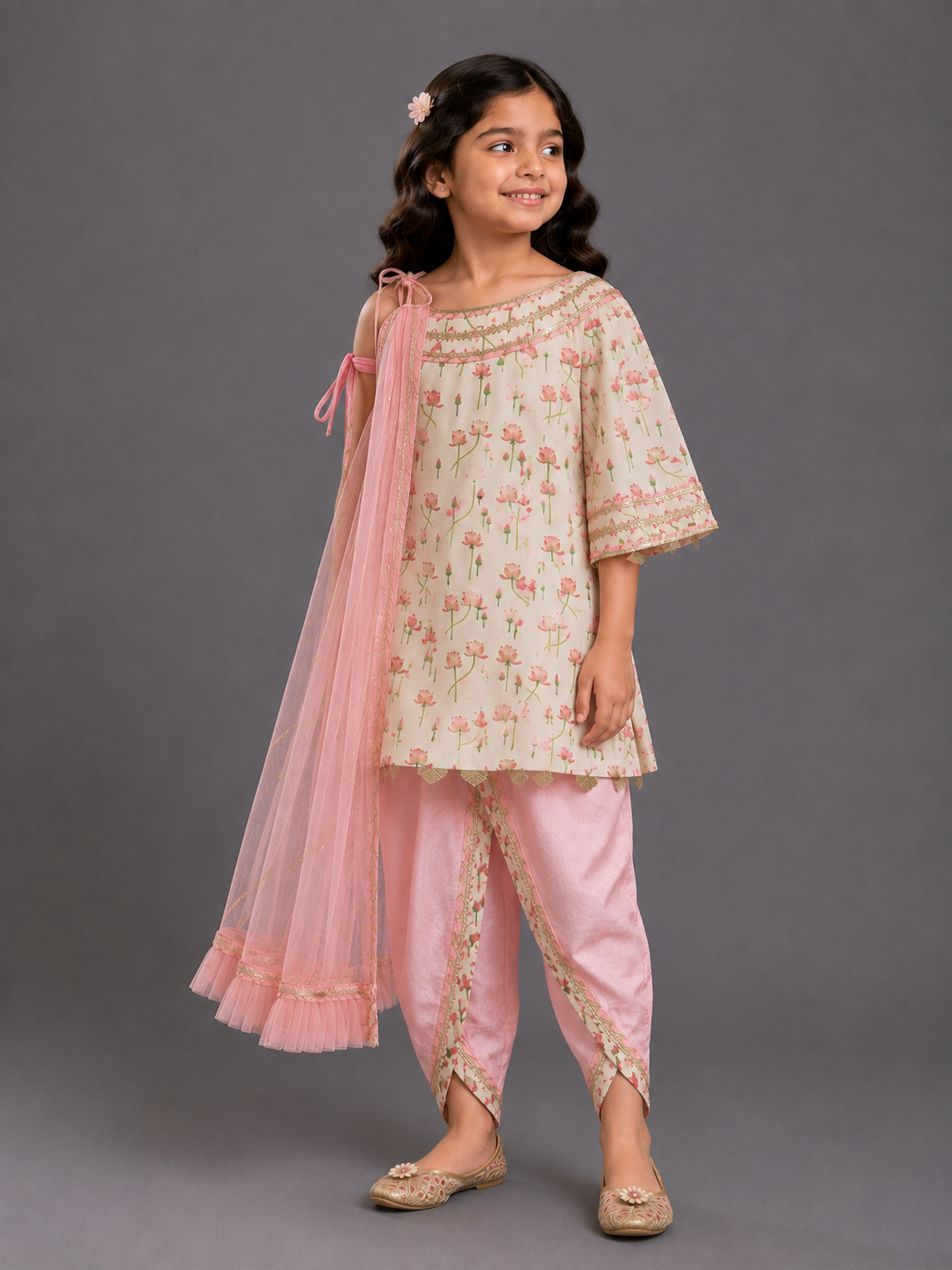 Oneoff Shoulder Lotus Print Dhoti Set