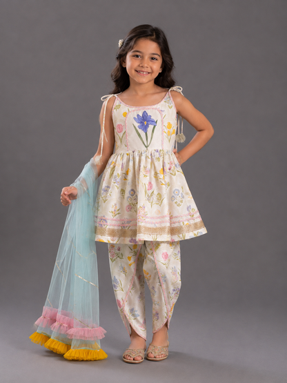 Strap Handpainted White Floral Dhoti Set