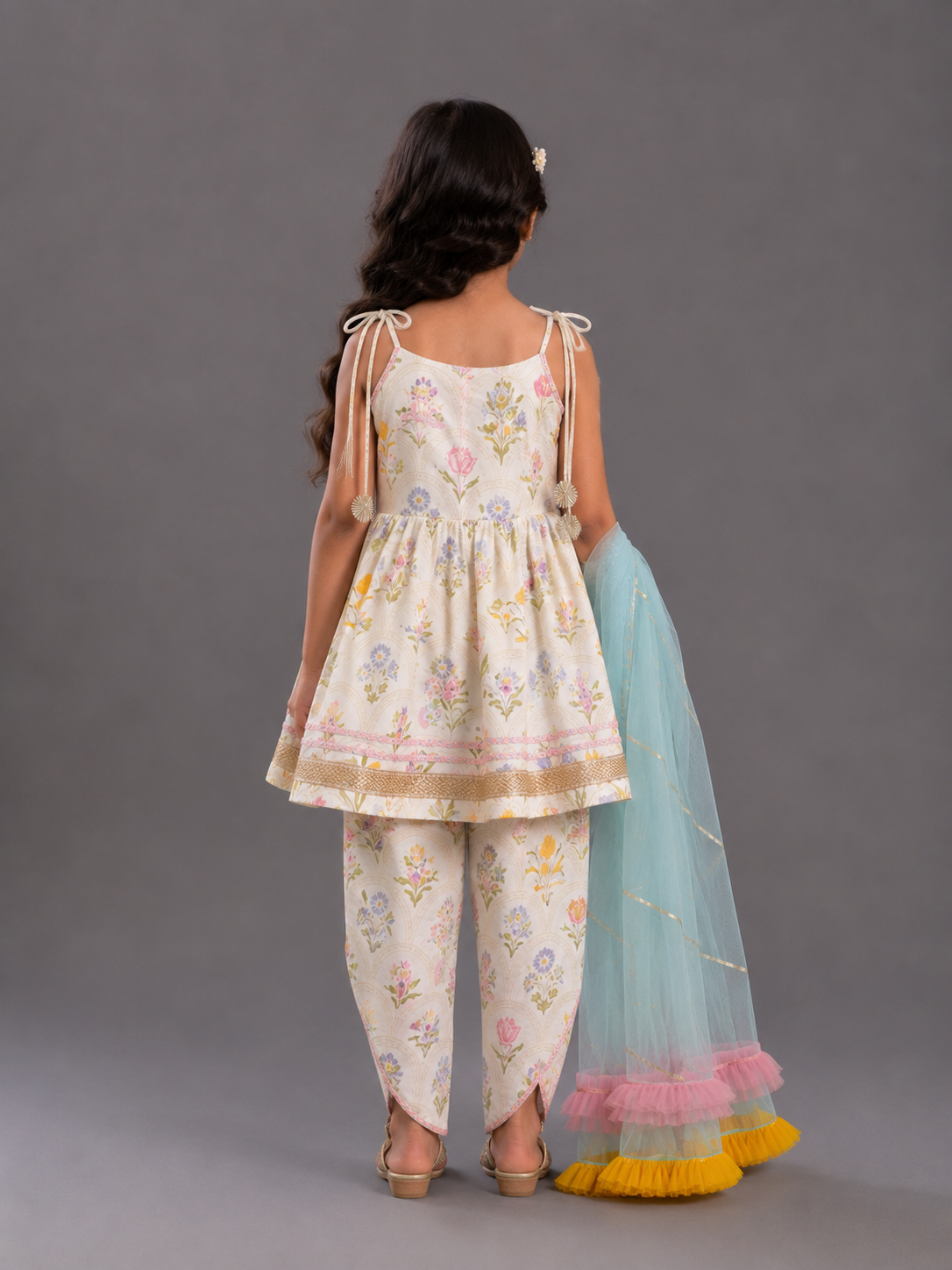 Strap Handpainted White Floral Dhoti Set