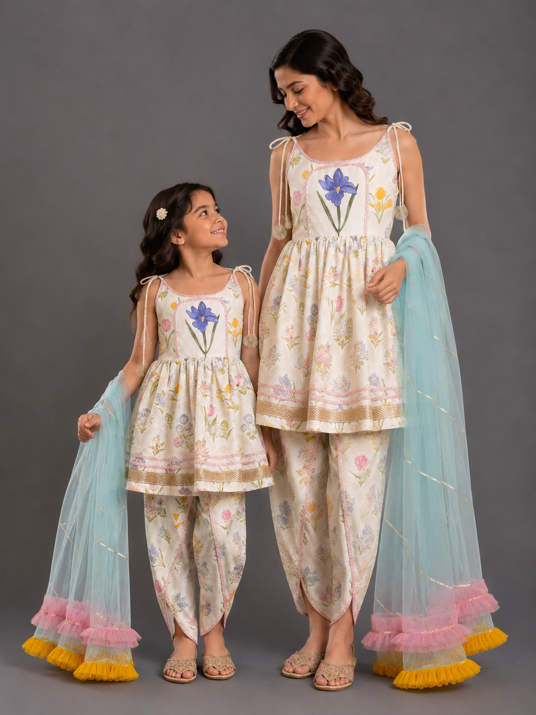 Strap Handpainted White Floral Dhoti Set