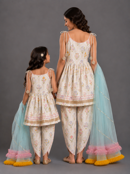 Strap Handpainted White Floral Dhoti Set