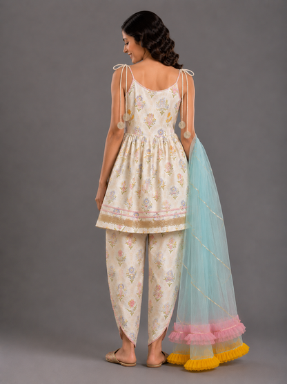 Strap Handpainted White Floral Dhoti Set