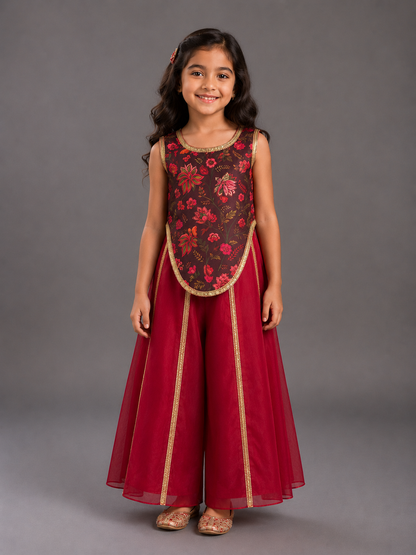 Maroon Printed Crop Top Pallazo set