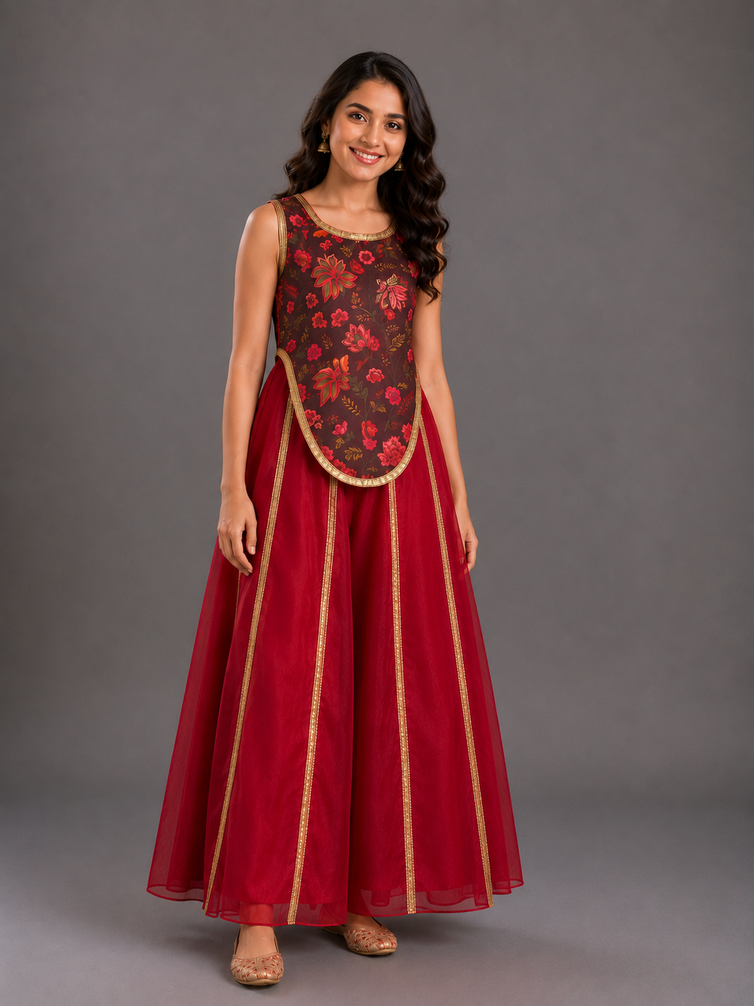 Maroon Printed Crop Top Pallazo set