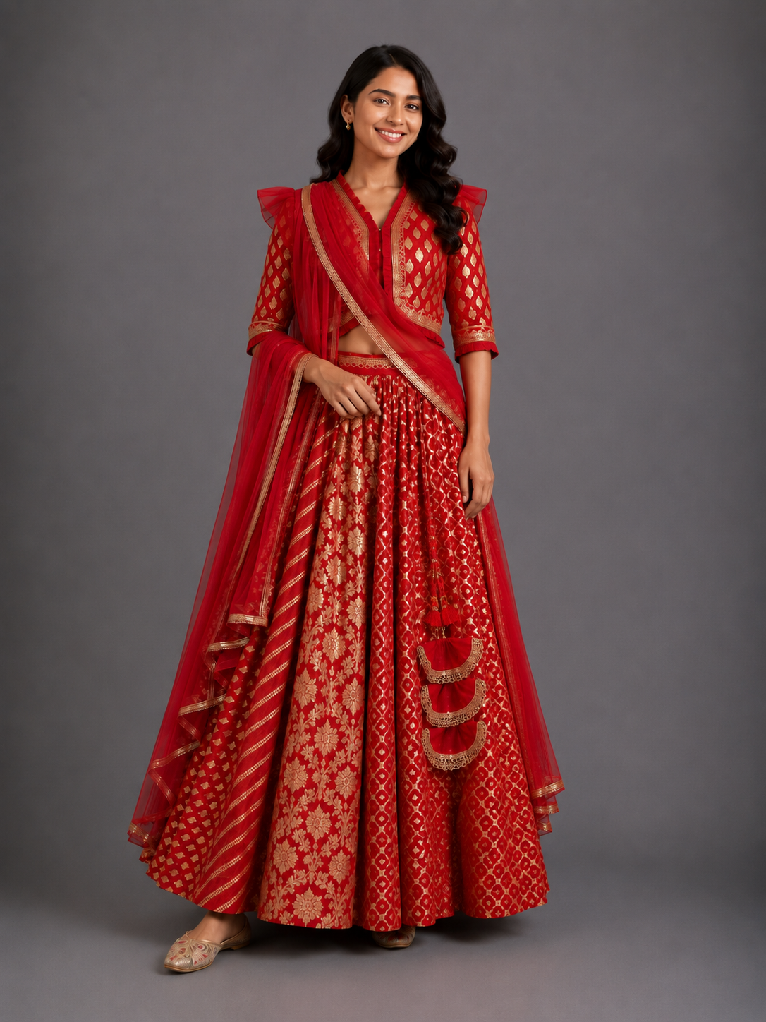 Deep Red Chanderi Lehenga with Draped dupatta