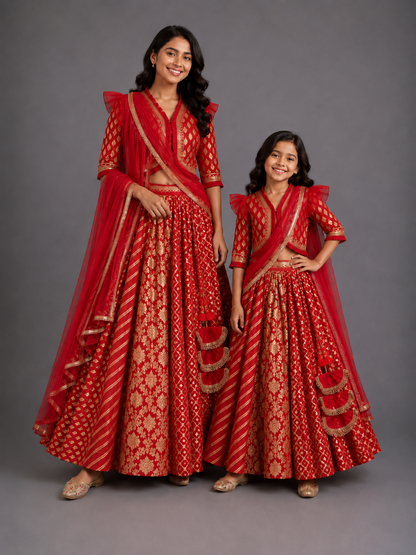 Deep Red Chanderi Lehenga with Draped dupatta