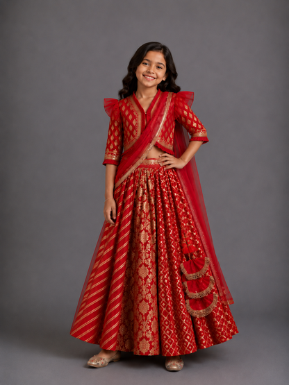 Deep Red Chanderi Lehenga with Draped dupatta
