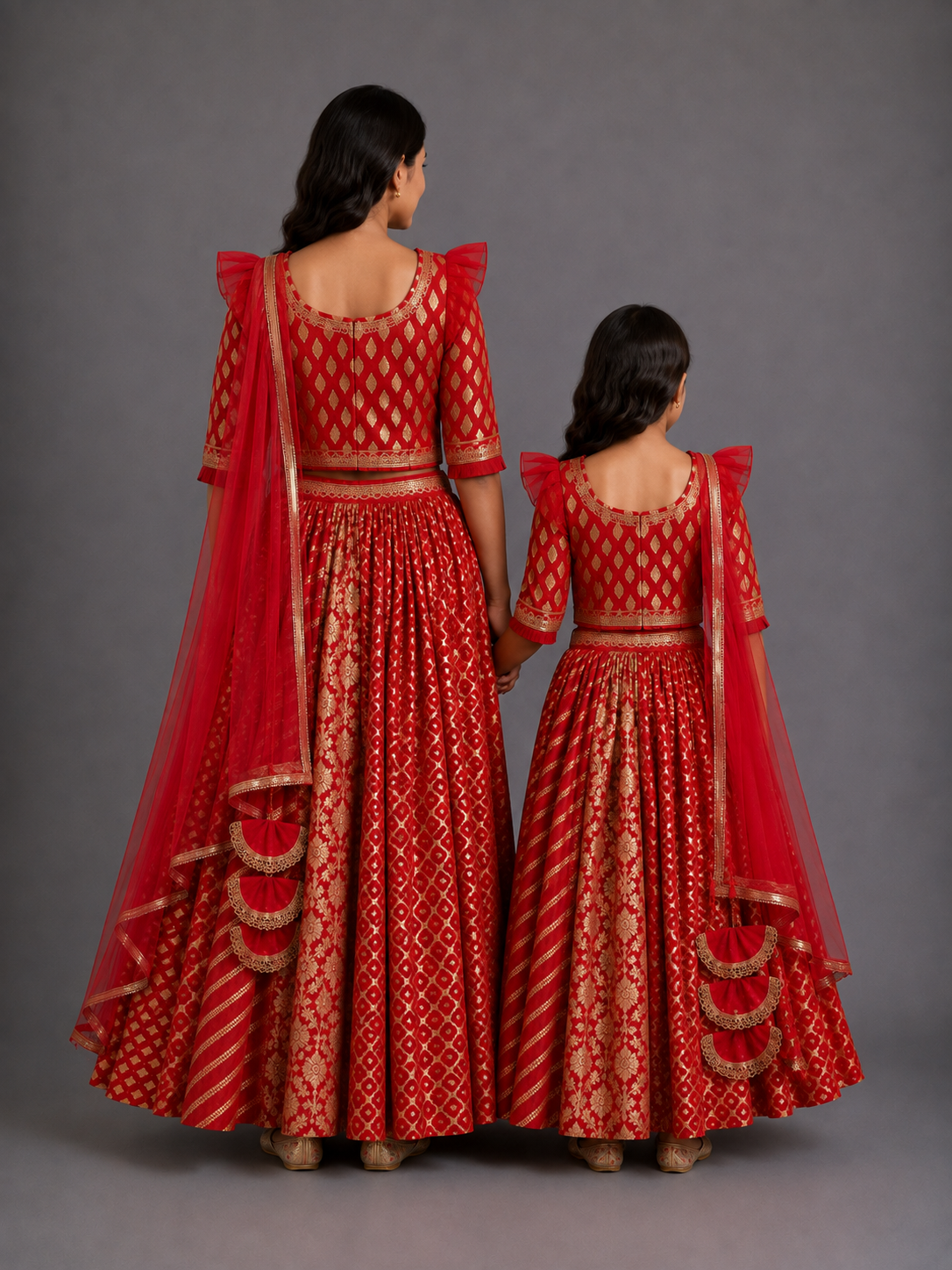 Deep Red Chanderi Lehenga with Draped dupatta