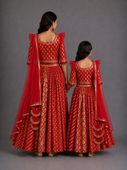 Deep Red Chanderi Lehenga with Draped dupatta