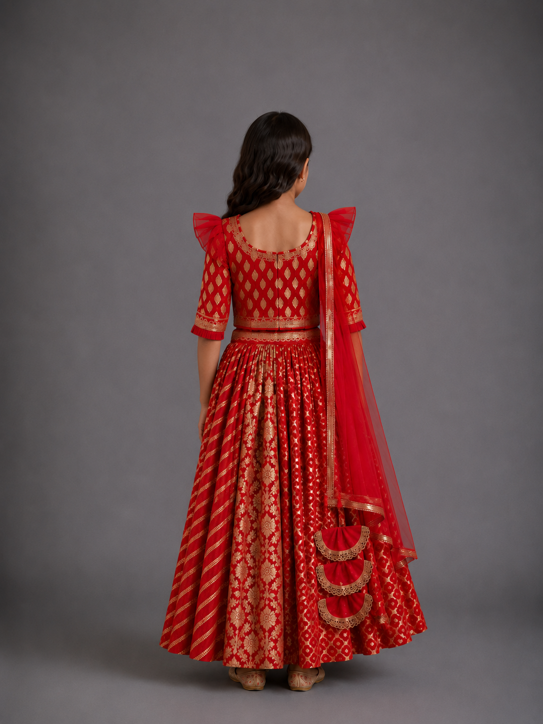 Deep Red Chanderi Lehenga with Draped dupatta