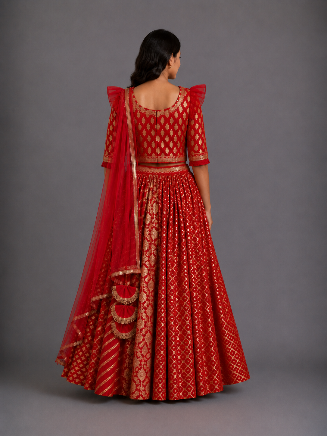 Deep Red Chanderi Lehenga with Draped dupatta