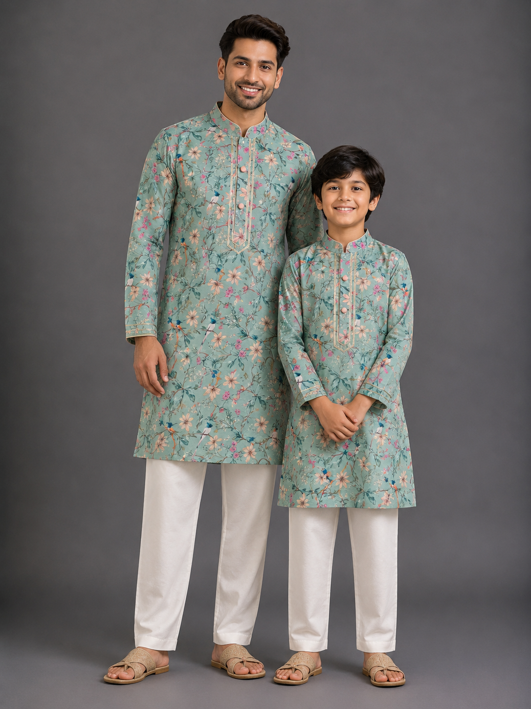 Green Bird Printed Kurta with Front Opening