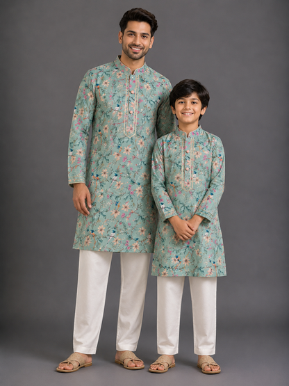 Green Bird Printed Kurta with Front Opening