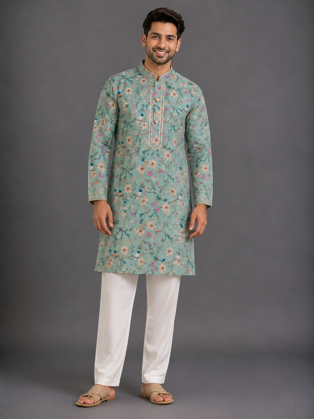 Green Bird Printed Kurta with Front Opening