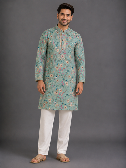 Green Bird Printed Kurta with Front Opening