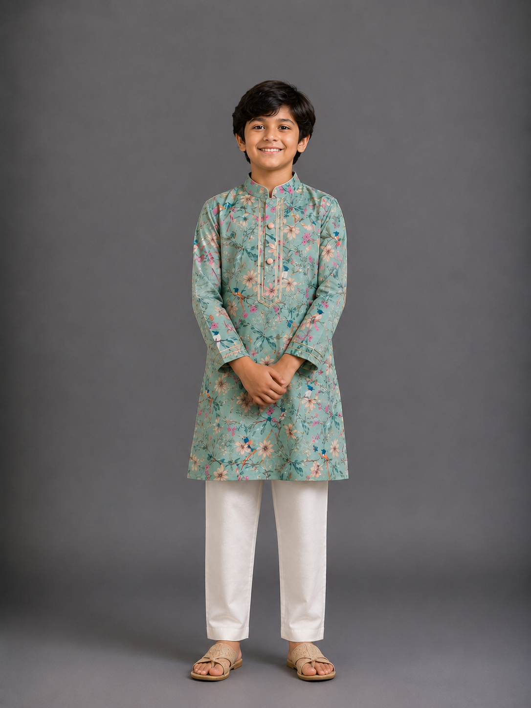 Green Bird Printed Kurta with Front Opening