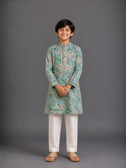 Green Bird Printed Kurta with Front Opening