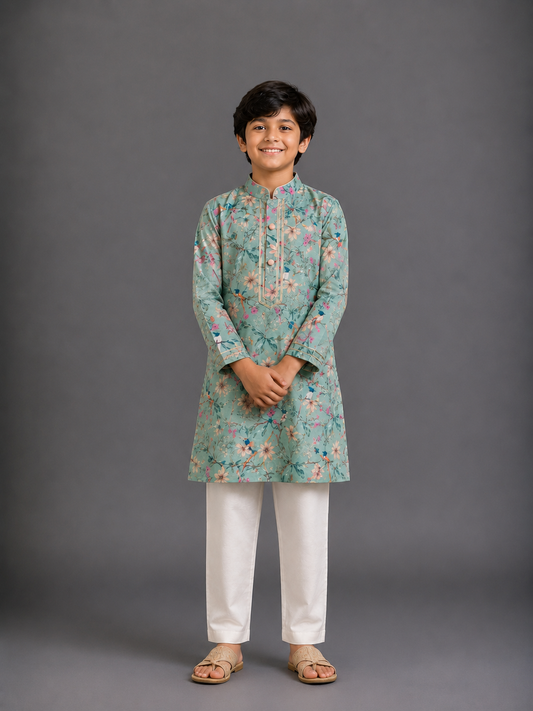 Green Bird Printed Kurta with Front Opening