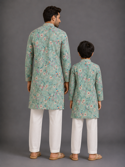 Green Bird Printed Kurta with Front Opening
