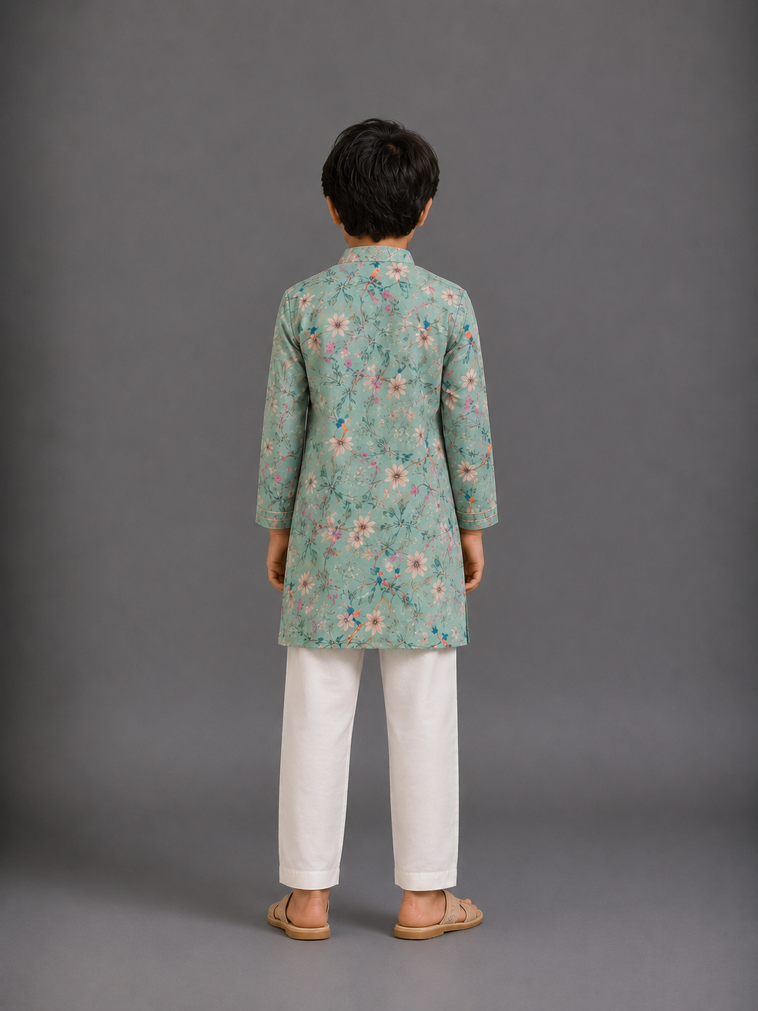 Green Bird Printed Kurta with Front Opening
