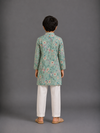 Green Bird Printed Kurta with Front Opening