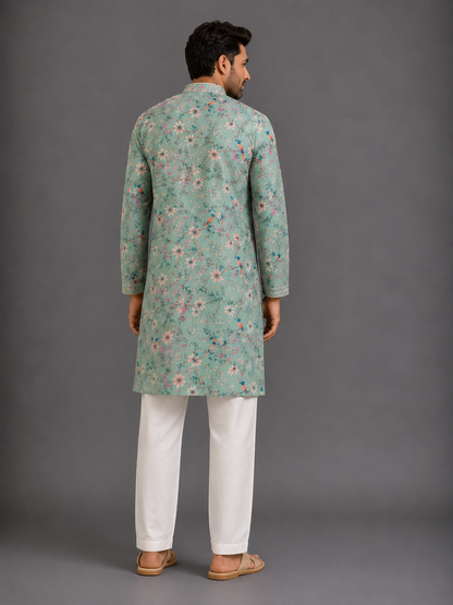 Green Bird Printed Kurta with Front Opening