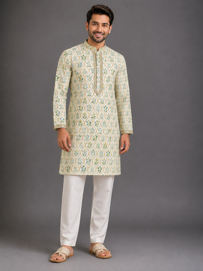 Off white Kurta with Chanderi hem finishings