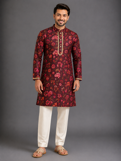 Deep Red Printed Kurta with Pyjamas