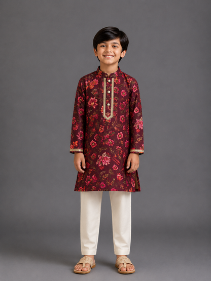 Deep Red Printed Kurta with Pyjamas