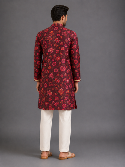 Deep Red Printed Kurta with Pyjamas